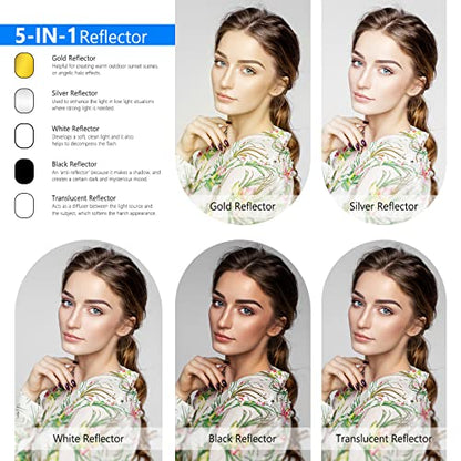 NEEWER 31"x47"/80x120cm Light Reflectors for Photography, Portable 5 in 1 Collapsible Multi Disc with Bag - Translucent, Silver, Gold, Black, White Diffuser for Studio and Outdoor Lighting - size: 31" x 47"