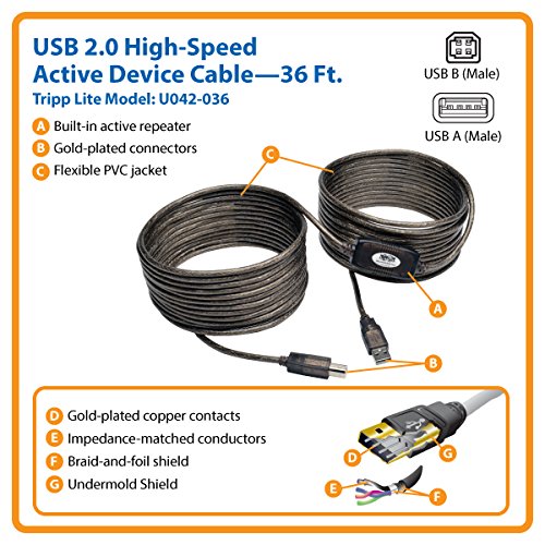 Tripp Lite USB 2.0 Hi-Speed A/B Active Repeater Cable (M/M) 36-ft. (U042-036), Silver - size: 36 ft.