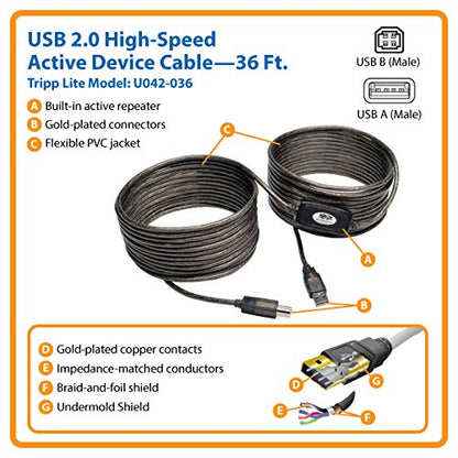 Tripp Lite USB 2.0 Hi-Speed A/B Active Repeater Cable (M/M) 36-ft. (U042-036), Silver - size: 36 ft.