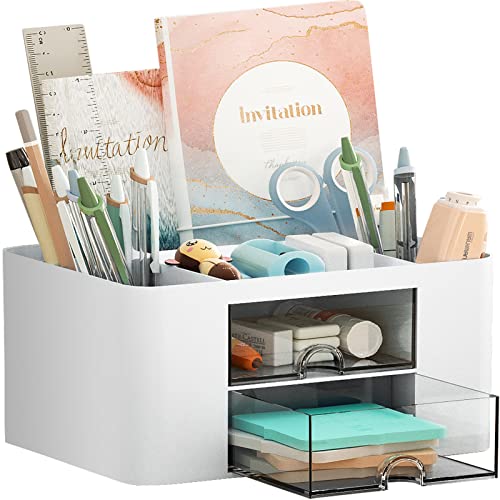 Marbrasse Pen Organizer with 2 Drawer, Multi-Functional Pencil Holder for Desk, Desk Organizers and Accessories with 5 Compartments + Drawer for Office Art Supplies (White) - color: White