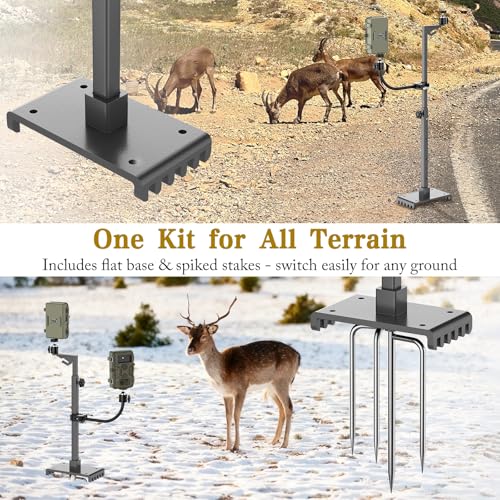 SDSNTE Trail Camera Stand Dual Mount, 17-47" Adjustable Height Hunting Accessories Holder, 360 Rotate 1/4" Thread Mount for Game Cam & Solar Panel, Robust Iron Tripod for Outdoor Hunting, No Tree