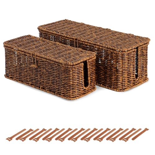 BROWNLILY Rattan Wire Storage Box, Handmade Cord Organizer for Desk Cord Hider Outlet Covers for Power Strip TV PC Router Charger Under Desk Cable Management Box - color: Brown, size: Set (L+M)