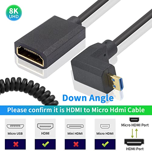 Duttek 8K 90 Degree HDMI to Micro HDMI Extension Cable, 48Gbps, 8K@60Hz, Down Angle Micro HDMI Male to HDMI Female Coiled Cable for Gopro Hero and Other Action Camera 3.3FT/1M - style: Down Angle Micro HDMI Male to HDMI Female