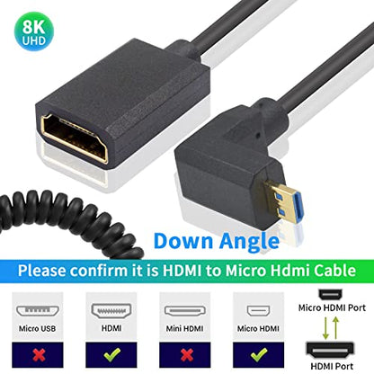 Duttek 8K 90 Degree HDMI to Micro HDMI Extension Cable, 48Gbps, 8K@60Hz, Down Angle Micro HDMI Male to HDMI Female Coiled Cable for Gopro Hero and Other Action Camera 3.3FT/1M - style: Down Angle Micro HDMI Male to HDMI Female