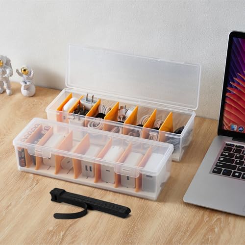 2 Pack Cable Organizer Storage Box with 16 Cable Ties, Clear Phone Charger Organizer Case Wire Organizers for Cords Electronic Storage Box for Drawer Desk Office Home - size: 2 PACK