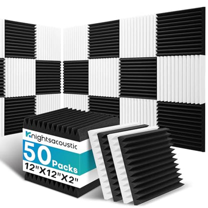 50 Pack Sound Proof Foam Panels for Walls, 2 X 12 X 12 Inches Acoustic Foam Panels, High Density Acoustic Panels Sound Absorbing, Noise Cancelling Studio Wedges, Black White (NOT INCLUDE ADHESIVE) - size: 50Packs White+Black