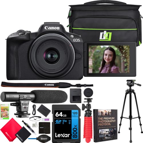 Canon EOS R50 Mirrorless Camera (Black) with RF-S 18-45mm F4.5-6.3 is STM Lens 5811C012 (Renewed) Bundle with Deco Gear Photography Bag + Microphone + Tripod + Photography Ebook & Accessories Kit