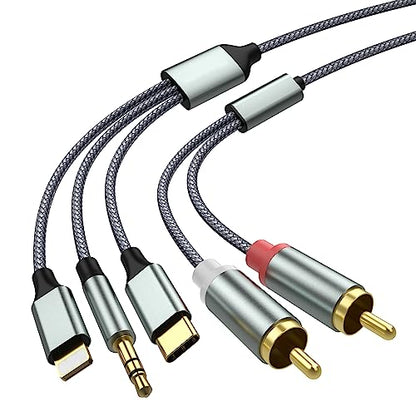 Lightning to RCA Cable Audio Aux Adapter,RCA to 3.5mm Cable，USB C to 2 RCA Audio Cable， (3 in 1 Audio Cable) for Power Amplifier, Car, Home Theater, Speaker and More(Lightning Compatible)(4.26FT)
