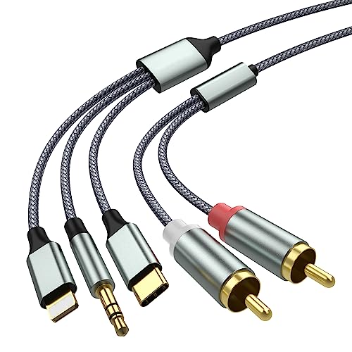 Lightning to RCA Cable Audio Aux Adapter,RCA to 3.5mm Cable，USB C to 2 RCA Audio Cable， (3 in 1 Audio Cable) for Power Amplifier, Car, Home Theater, Speaker and More(Lightning Compatible)(4.26FT)