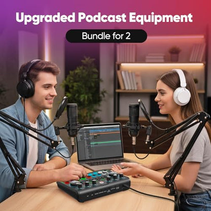 2026 Upgraded Podcast Equipment Bundle for 2, Recording Studio Kit with Dual Condenser Microphones, Audio Interface Mixer (4 Custom Sound Effects), Easy Setup for Podcasting, Streaming & Gaming