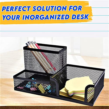 2 Pack 3 in 1 Mesh Pen Holder for Desk, 3 Compartments Pencil Holder Desk Organizer Caddy with Sticky Notes Holder Easy Storage Suitable for Home, Office and School