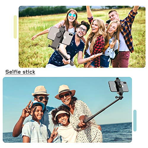 Universal Phone Tripod Mount Adapter with Ｗireless Camera Remote , Cell Phone Holder with Adjustable Clamp for Selfie Stick Monopod Compatible with iPhone, Samsung and so on , Wrist Strap Included - color: Black