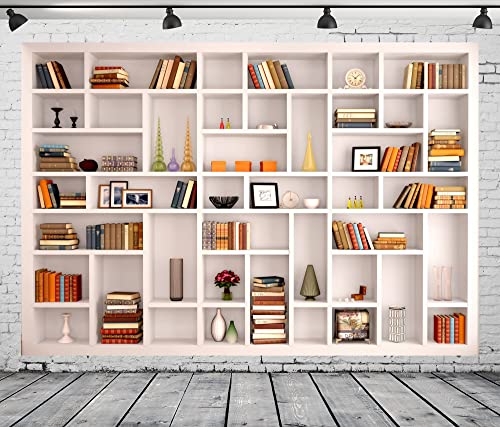 BELECO 6x4ft Fabric Modern White Bookshelf Photography Backdrop Books Ornaments Background Webcam Background Poster Home Office Zoom Meeting Video Conferencing Backdrop Kids Adults Portrait Shoot - size: 6x4FT