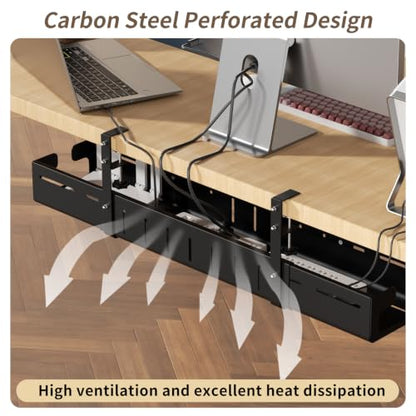 Under Desk Cable Management Tray, Expandable 25.2"– 38.6" No Drill with Clamp Mount Cord Management, Black Carbon Steel Cord Organizer for Desk, Home, Office