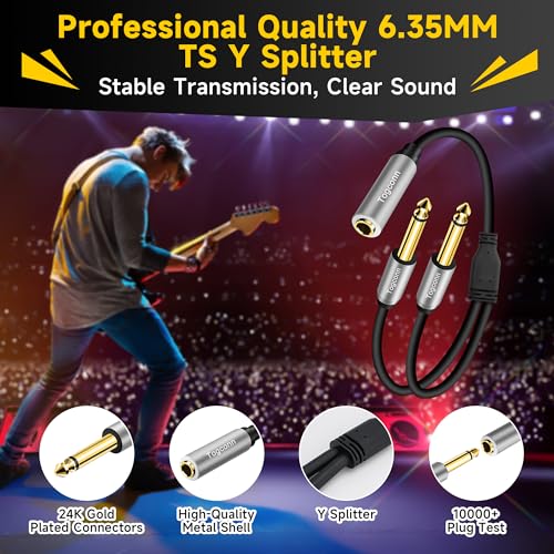 2-Pack 1/4 inch TS Mono Splitter Y Adapter, 6.35mm Mono Female to Dual 6.35 mm TS Mono Male Jack, Quarter inch Audio Speaker Splitter Converter Cable 1 Feet, Gold Plated Connectors - color: 6.35mm TS Female to Dual 6.35mm Male, size: 2 Pack