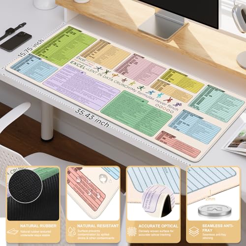 iCasso Excell Cheat Sheet Desk Mat, Excel Mouse Pad Shortcuts, Extended Large XXL Non-Slip Exel Mousepad with Stitched Edges,Keyboard Mats for Desktop Protector - color: Beige