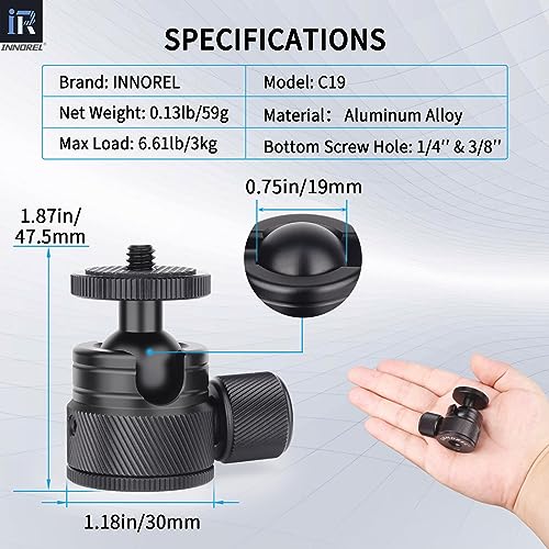 Mini Ball Head-INNOREL C19 Mount Tripod Head-CNC Metal Low Profile Ballhead 360° Pan 90° Tilt Tripods Mount with 3/8" to 1/4" Adapter Ballheads, Max Load 6.61 lb/3kg for Phone/DLSR Camera/Mini Holder