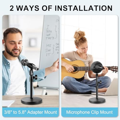 2 In 1 Desktop Microphone Stand, Upgraded Metal Round Base Adjustable Mic Stand with Micphone Clip, Cellphone Clip and 5/8" Male to 3/8" Female Screw for Table Desk Interviews, Black