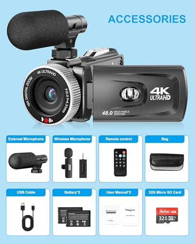 4K Video Camera Camcorder 48MP 60FPS UHD for YouTube Vlogging 18X Digital Zoom 3" IPS 270° Flip Screen Video Camcorder with Wireless Lavalier Microphone, 32GB SD Card, 2 Batteries and Remote Control