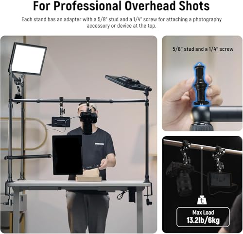 NEEWER Overhead Camera Mount Rig with Dual Ball Head Super Clamp/Phone Holder/C Clamp for Desktop Top Down Shots, Metal Multi Device Mount Platform for Photography Live Streaming Video Making, NK003