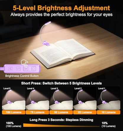Gritin 2026 Gen 2 Book Light for Reading- 30 Eye Caring Full Spectrum LED | 5 Colors & 5 Brightness, Adjustable Wide/Narrow Beam, Upgrade 1500mAh Long-Lasting Rechargeable Clip on Light-Purple - color: Purple