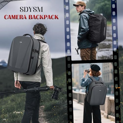 SDYSM Camera Backpack, Hardshell DSLR/SLR Camera Bag with Lens Pouch & 15.6" Laptop Compartment Waterproof Camera Case with Rain Cover Photography Backpack Compatible for Canon/Nikon/Sony/Drone,Gray - color: Grey