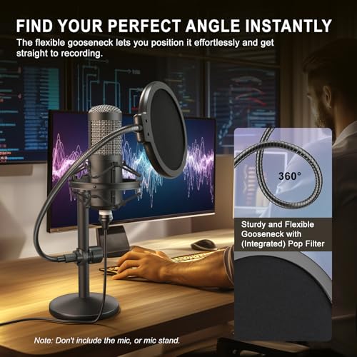 LINCO Professional Microphone Pop Filter Shield For Blue Yeti and Any Other Microphone, Dual Layered Wind Pop Screen With A Flexible 360 Degree Gooseneck Crab Clamp Stabilizing Arm (PF1502)