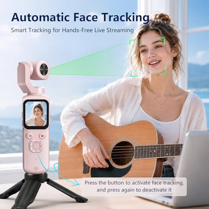 4K Vlogging Camera with 330° Rotating Lens & Face Tracking, Portable Pocket Digital Camera for YouTube TikTok with WiFi, Includes 16GB Card, Tripod & Carrying Bag, Pink - color: Pink