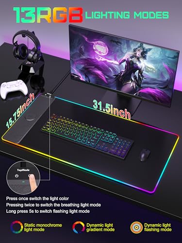 TopMade Mouse Pad with Wireless Charging, 31.5" x 15.75" Large Desk Mat RGB Gaming Mousepad, LED Desk Pad Keyboard Pad with Ultra-Smooth Surface & Non-Slip Rubber Base, Waterproof Desk Pad - color: RGB-31.5"x15.8"