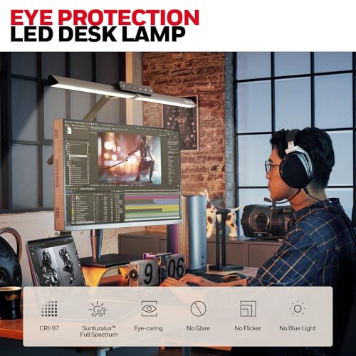 Honeywell LED Desk Lamp with Clamp - HJ1 Sunturalux Eye-Caring Clip on Lights for Home Office, 1200LM Clamp Lamp 4 Color Modes Stepless Dimming Task Desk Light for Working Black - style: Black Clamp