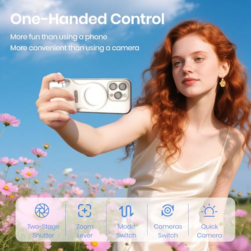 Magnetic Phone Camera Grip, Smartphone Shooting Holder Selfie Handle Snap with Wireless Shutter Button Remote for iPhone 16 15 14 13 12 Pro Max Android Cellphone Vlog Video Photography(White) - color: White