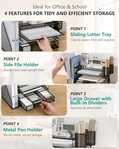WALI Bundles Monitor Stand Riser with Drawer and 2 Pen Holders and Desk File Organizer, 4 Tier Desktop Paper Letter Tray Organizer with Drawer and 2 Pen Holders (PTT004-B+DO005DH-B)