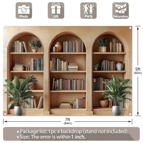 7x5ft Fabric Arched Bookshelf Backdrop School Library Books Modern Office Plants Video Conference Photography Background Indoor Decorations Photo Banner Props - size: 7'x5'