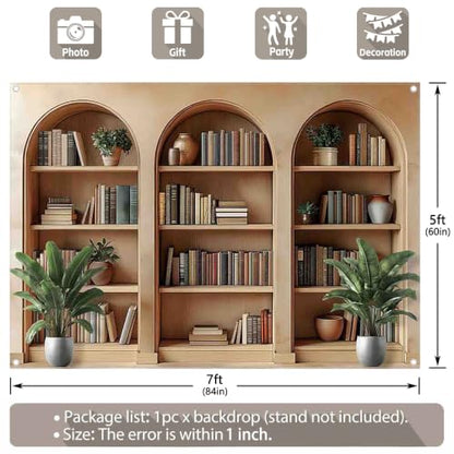 7x5ft Fabric Arched Bookshelf Backdrop School Library Books Modern Office Plants Video Conference Photography Background Indoor Decorations Photo Banner Props - size: 7'x5'