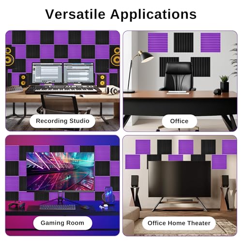 52 Pack Acoustic Foam Panels,1" x 12" x 12"Acoustic Wedge Studio Foam Sound Absorption Wall Panels (Black/Purple) - color: 52 Pack 26 Black+26 Purple, size: 12” x 12" x 1"