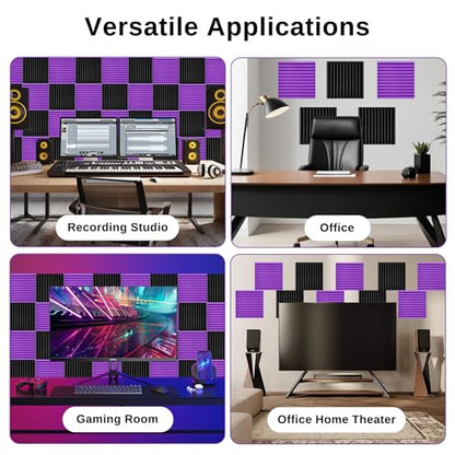 52 Pack Acoustic Foam Panels,1" x 12" x 12"Acoustic Wedge Studio Foam Sound Absorption Wall Panels (Black/Purple) - color: 52 Pack 26 Black+26 Purple, size: 12” x 12" x 1"