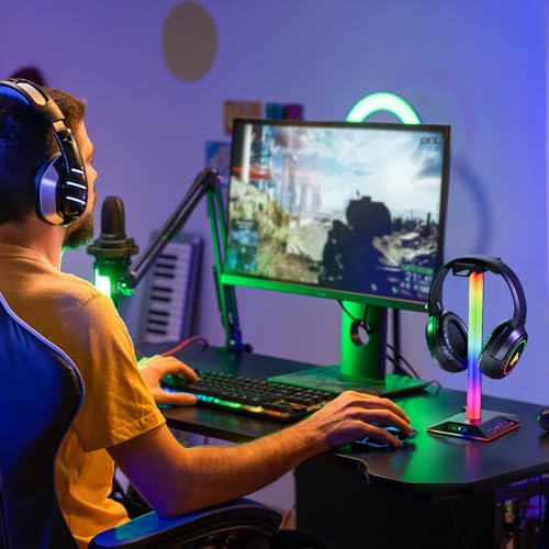 Gaming Headphone Stand PC Accessories - RGB Headset Stand with 2 USB Charger, Cool LED Headphone Holder PC Gaming Accessories for Boys Men Gamers, Computer Game Hardware for Desk - size: 1-tier
