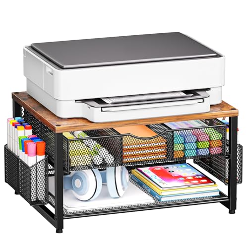 Marbrasse Wood Printer Stand for Desk, 2-Tier Desktop Printer Table for Home Office, Printer Stand with Storage Drawer 2 Pen Holders, Multi-Purpose Desk Organizer for Fax Machine Scanner(Wood Brown) - color: Wood Brown