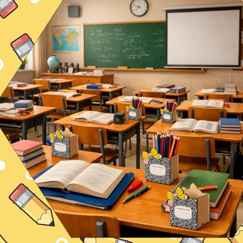 Zhehao 6 Pcs Wood Pencil Holder Pen Holder for Classroom Composition Book Bow Back to School Pencils Cup Wooden Dispenser Crayon Organizer for Teacher First Day School Gifts Office Desk - style: Composition Book