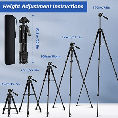 MACTREM 75in Aluminum Lightweight Travel Tripod for DSLR Camera Phone iPad | 3-Way Head 360° Rotation. With Phone iPad Mount, Bluetooth Remote. Stable Aluminum Stand for Video & Photography. - color: Black