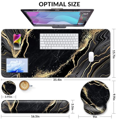 Desk Mat Set + Keyboard and Mouse Pad with Wrist Rest Support,4-in-1 Large Mousepad Computer Mats for Desktop Home & Office-Marble 3 - color: S-Marble 3
