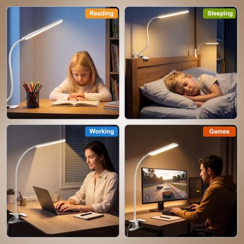 Vansuny Clip on Light LED Desk Lamp with Metal Clip, 6 Level Brightness 3 Color Modes, Power by USB Port 5W Adjustable Neck Eye-Caring Reading Light for Home and Office, White - color: White
