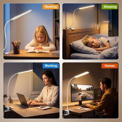 Vansuny Clip on Light LED Desk Lamp with Metal Clip, 6 Level Brightness 3 Color Modes, Power by USB Port 5W Adjustable Neck Eye-Caring Reading Light for Home and Office, White - color: White