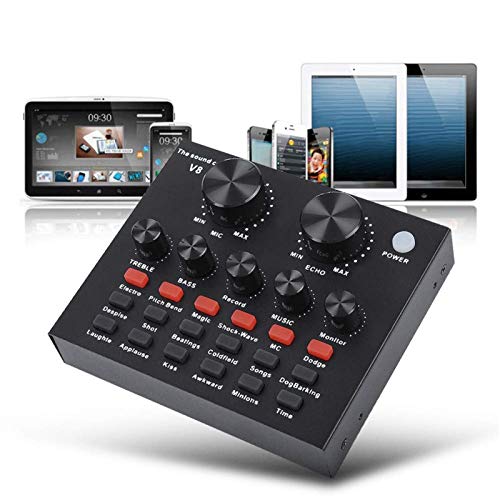 V8 Live Sound Card, Audio Mixer USB External Sound Card Headset Microphone Sound Card Live Broadcast KTV Sound Card for Double Cell Phone for Live KTV Voice Chat(Black)