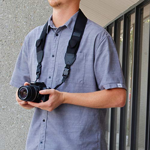 USA Gear TrueSHOT Camera Strap Neoprene Camera Straps - Padded Neck Strap, Pockets, and Quick Release Buckles - Compatible with Canon, Nikon, Sony and More DSLR and Mirrorless Cameras (Black) - color: Black