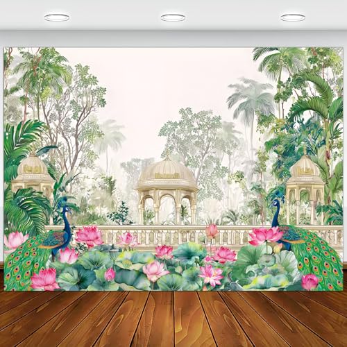 Peacock Lotus Decorations Backdrop, India Wedding Peacock Party Props Banner, Lohari, Housewarming Pooja, Temple Diwali Wall Decor Fabric Photography Background 7X5FT - color: Green, size: 7 X 5 Ft