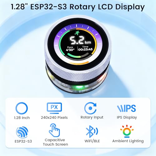 ELECROW ESP32 Rotary Display 240x240-1.28 Inch HMI IPS Round Knob Touch Display Development Board, 2.4G WiFi and BLE Capacitive Touch Screen Compatible with Arduino IDE and The LVGL Library, Silver - size: 1.28" ESP32 Rotary Display