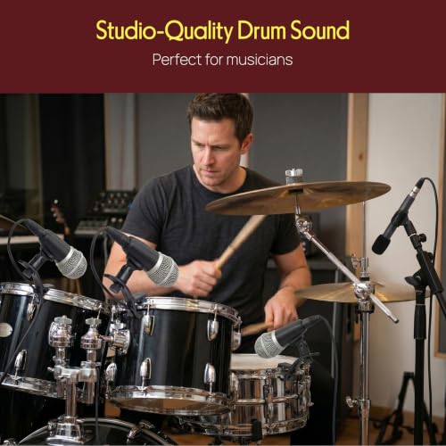 Pyle 7-Piece Wired Dynamic Kit-Kick Bass, Tom/Snare & Cymbals Microphone Set-for Drums, Vocal, & Other Instrument-Complete with Thread Clip, Inserts, Mics Holder & Case, Black