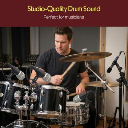 Pyle 7-Piece Wired Dynamic Kit-Kick Bass, Tom/Snare & Cymbals Microphone Set-for Drums, Vocal, & Other Instrument-Complete with Thread Clip, Inserts, Mics Holder & Case, Black
