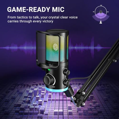 FIFINE USB Streaming Microphone Kit for Gaming, Condenser Mic with RGB, Noise Cancellation, Game/Chat Dial-Plug & Play for PC Twitch/YouTube/Podcast, Includes Boom Arm & Pop Filter-AmpliGame AM6T